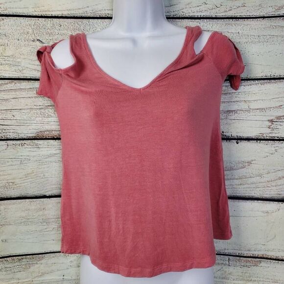 American Eagle Soft & Sexy Cold Shoulder Tie Sleeve Top XS Rose Pink Flowy Tee - Picture 1 of 7